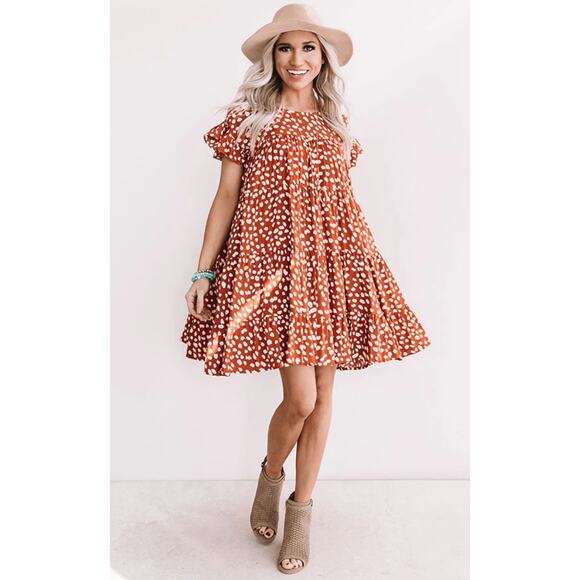 Boutique Southern Sunset Babydoll Dress In Rust and Off White Polka Dots SMALL - Picture 1 of 6